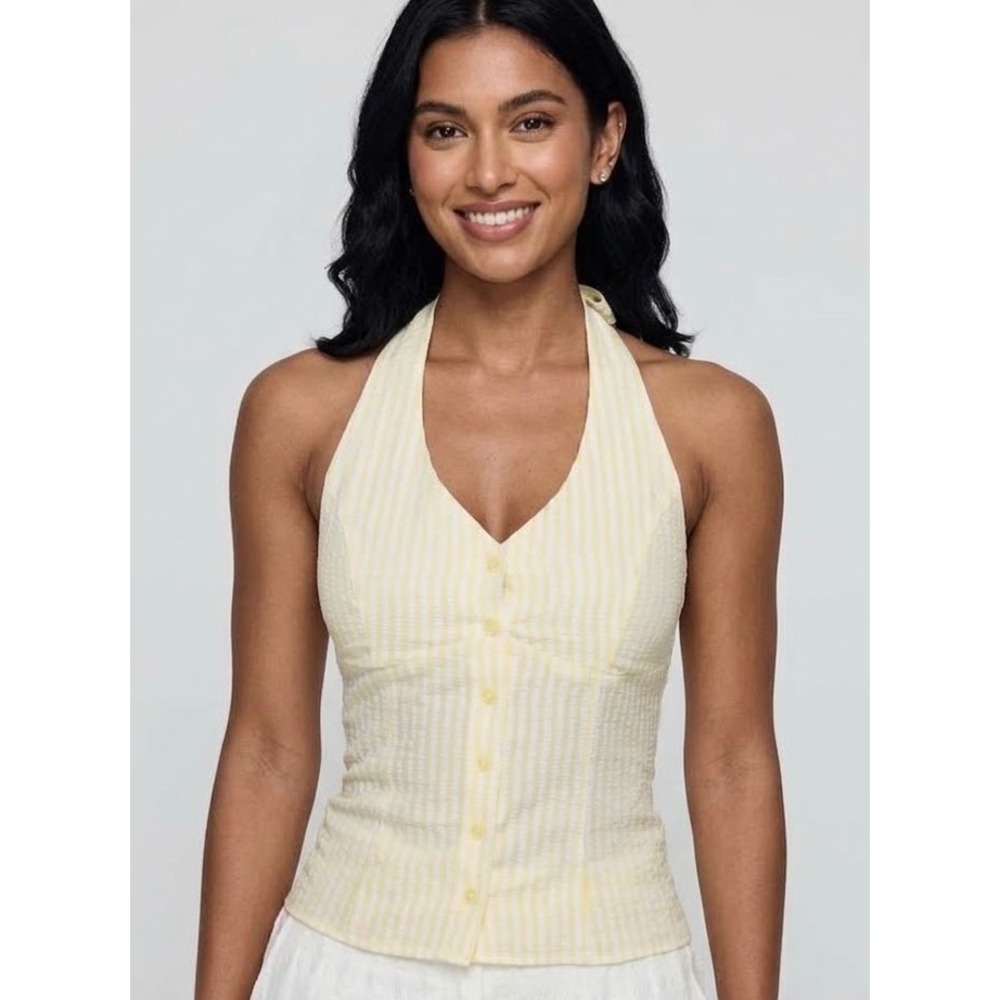 Princess Polly Old Friend Yellow Seersucker Striped Halter Button Front Top 8